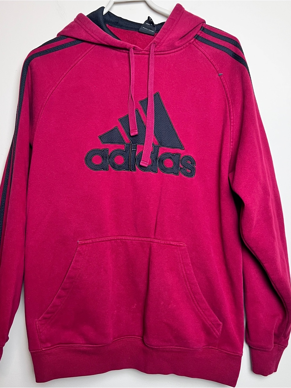 adidas Men’s Magenta Hooded Sweatshirt with Black Logo Medium black arm stripes